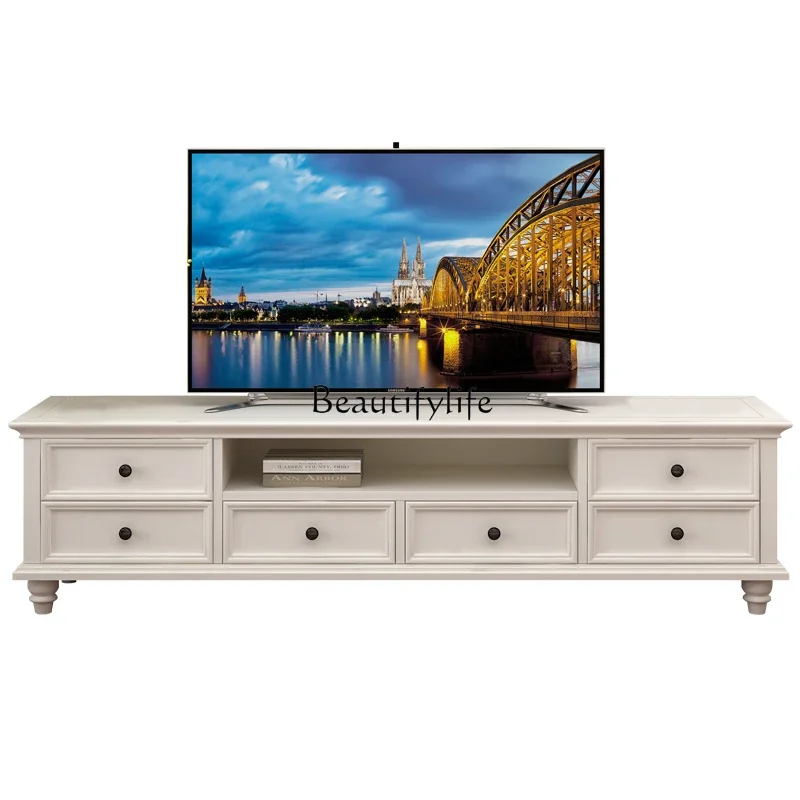 

LAmerican solid wood TV cabinet modern simple small apartment light luxury white customization