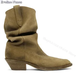 Khaki Pleated Flock Men Boots Pointed Toe British Style Boots Spring Stylish Design for Men Casual Party Shoes Zapatillas Mujer