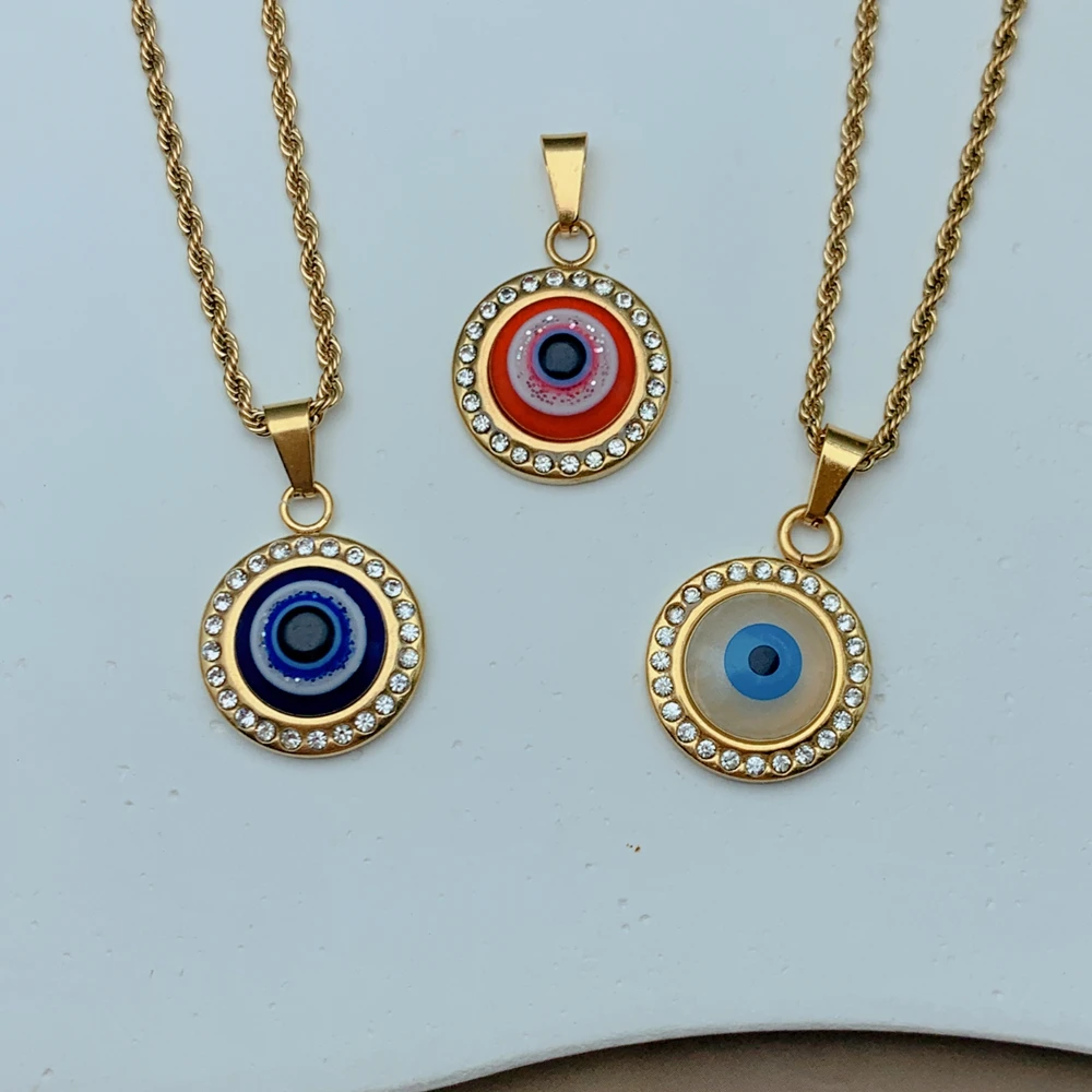 

Fashion Round Turkey Blue Evil Eye Necklace Women Stainless Steel Zircon Sea Shell Pendant Charm Neck For Couple Friendship Gift