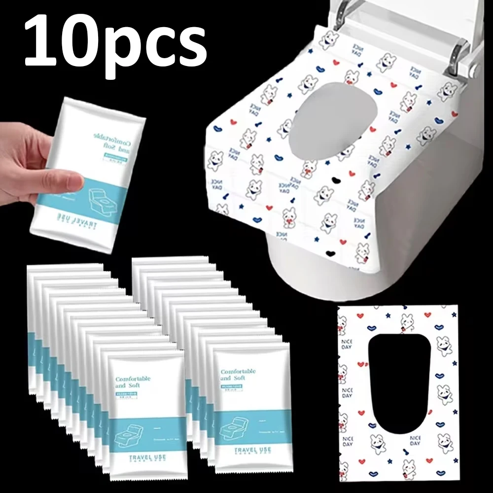 10-piece pack of disposable toilet seat covers - Cute bunny and heart-shaped designs, portable toilet seat covers, adhesive toilet pads, individually packaged, longer and wider, suitable for public bathrooms, travel, hotels, apartments, and airplanes, ideal for travel and public restrooms