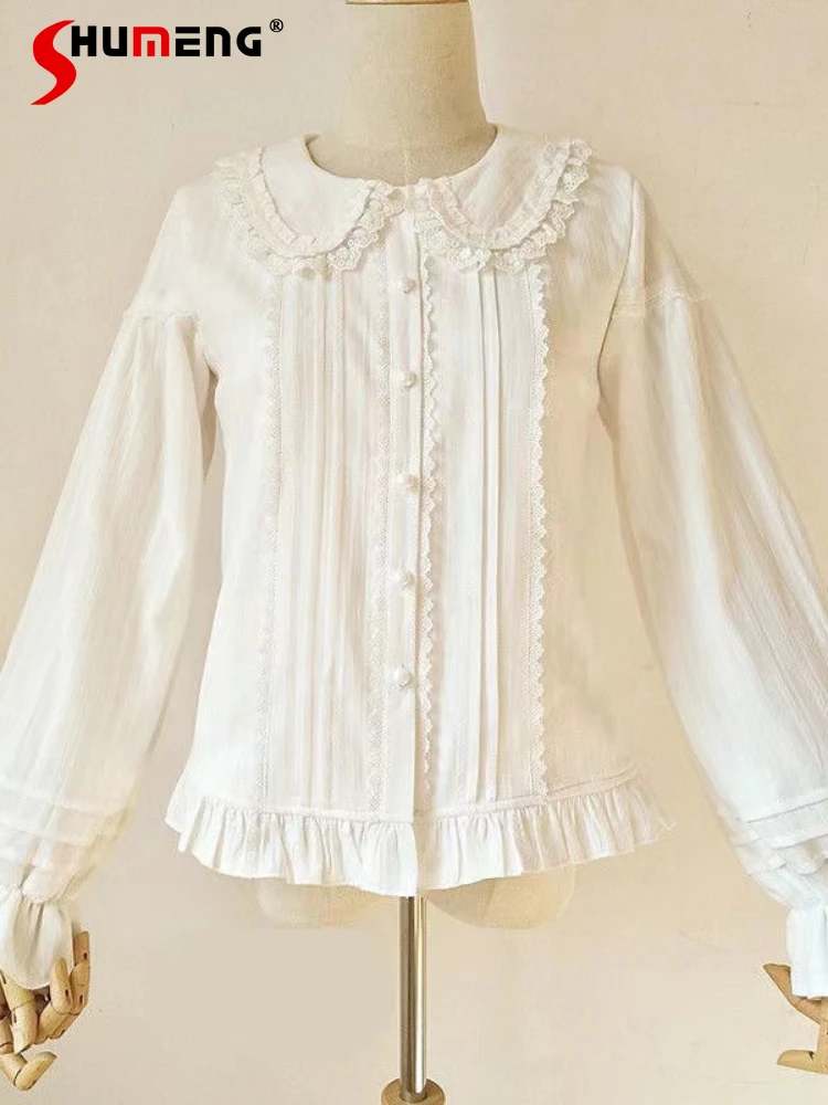 

Japanese Style Lace Patchwork Ruffled Doll Collar Long Sleeve Single-Breasted Sweet Lolita Inner Shirt Blouse Women Summer 2024