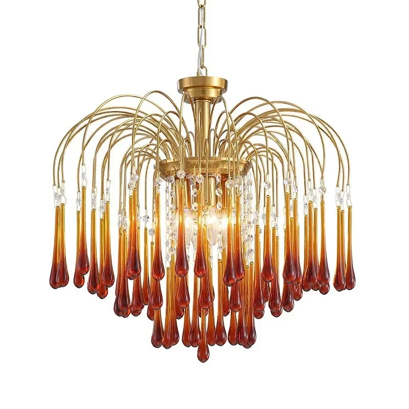 Vintage LED Chandeliers Amber Glass Hanging Pendant Lighting Living Dining Room Villa Hotel Hall Stair Suspension Lamp Lustre