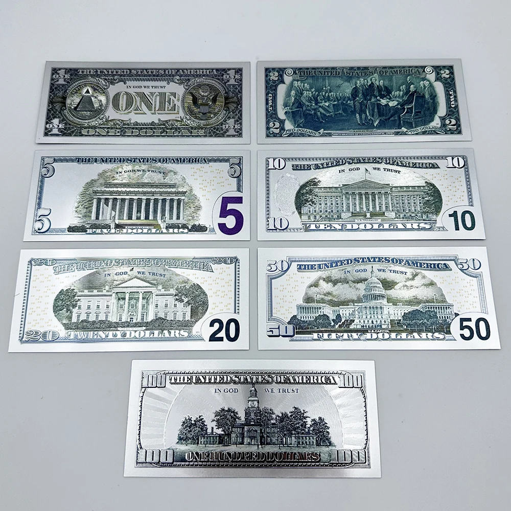 7pcs US Silver Banknotes 1 2 5 10 20 50 100 Dollars Bills Collection Plastic Money Card Bar Room Wall Decoration