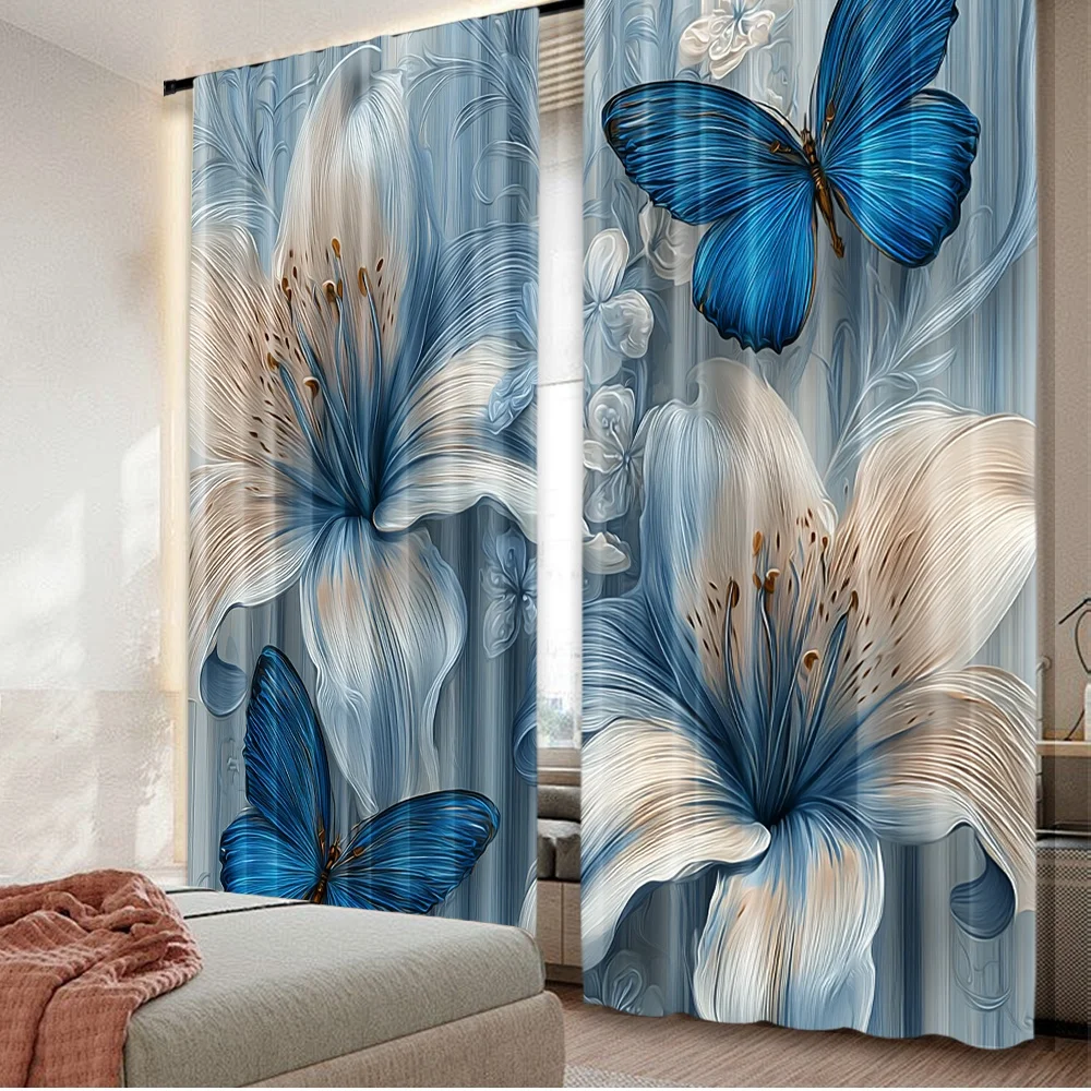 2D flat printing 2pcs Window Curtains Blue Blooms Digital Printed Polyester Drapes Festive Curtains for Home Wall Yard Use for