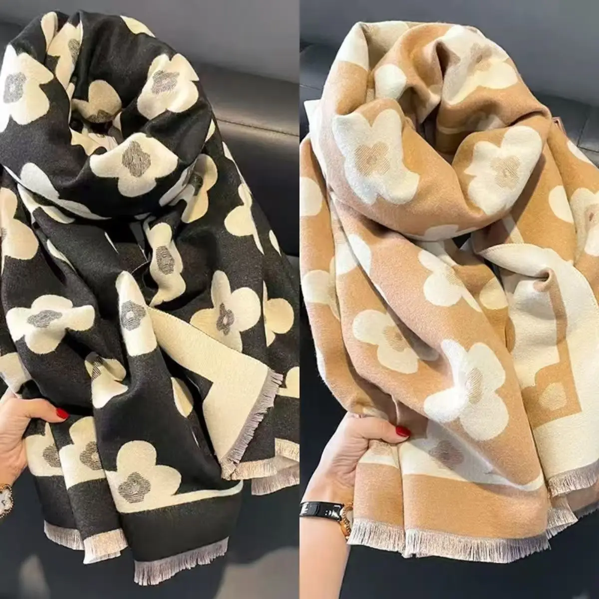 المرأة الخريف الشتاء مزدوجة الوجهين وشاح مزدوج اللون سميكة إطالة الكشمير الأزهار طباعة ثنائي الغرض الدفء شال