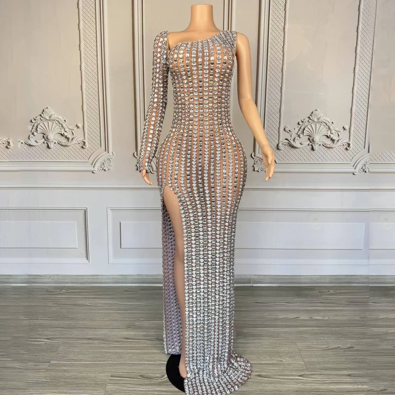 Sukienki damskie na imprezę, uroczystość, z jednym rękawem, pełne cyrkonie, stroje festiwalowe, kostium do tańca jazzowego, strój sceniczny XS9968