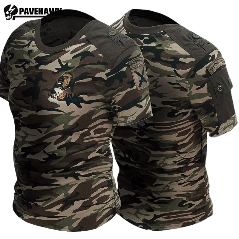 Mens Camouflage Tactical T-shirt Half Sleeved Multiple Pockets Training Tops Size XS-4XL Cotton Breathable Quick Drying Tees