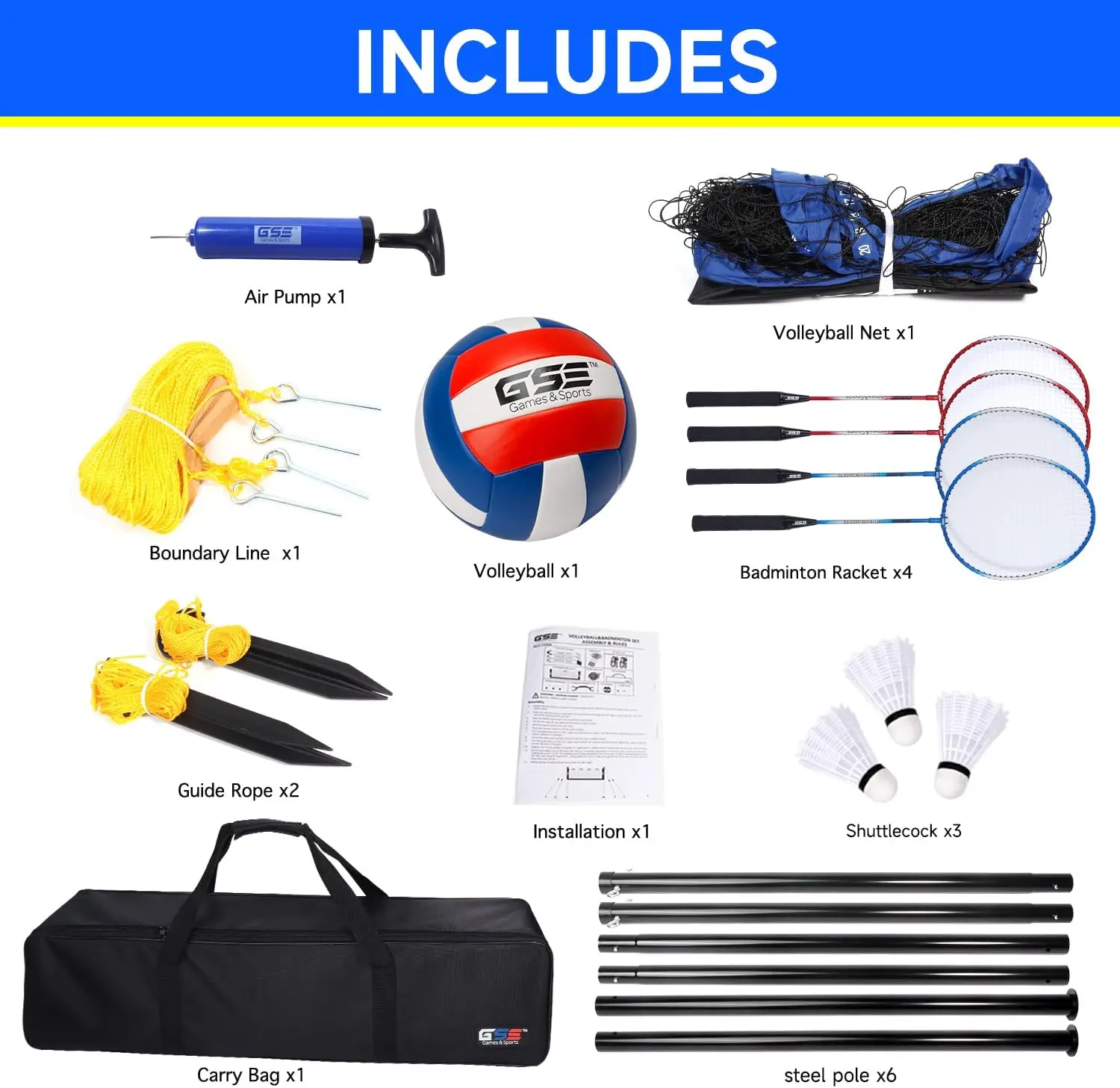 Outdoor Volleyball & Badminton Combo Set with Net, Poles, Racquets for Backyard, Park, Beach Fun