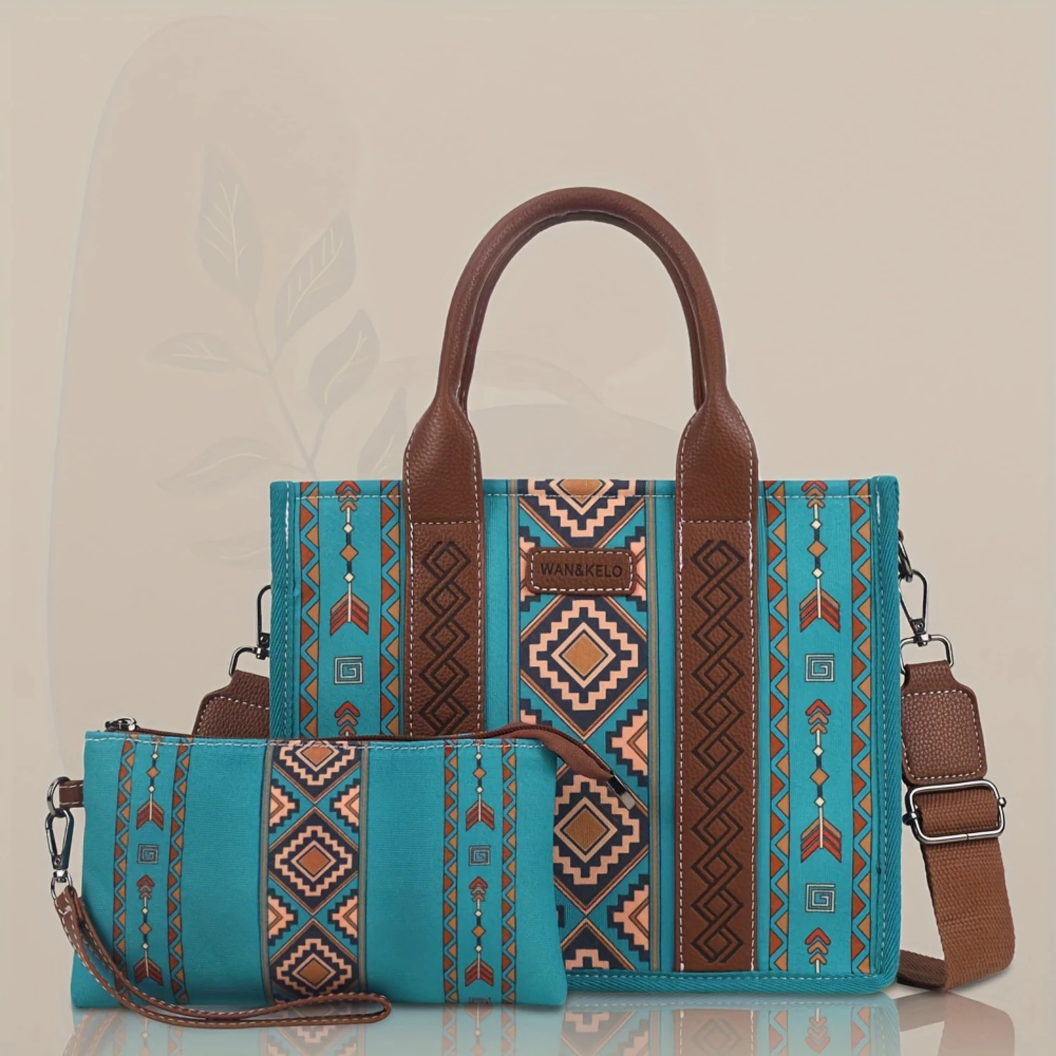 2pcs/set Vintage-Inspired Top Handle Satchel Bag - Removable Strap, Zipper Closure, Edge Painted, Canvas , Random Print, Fabric