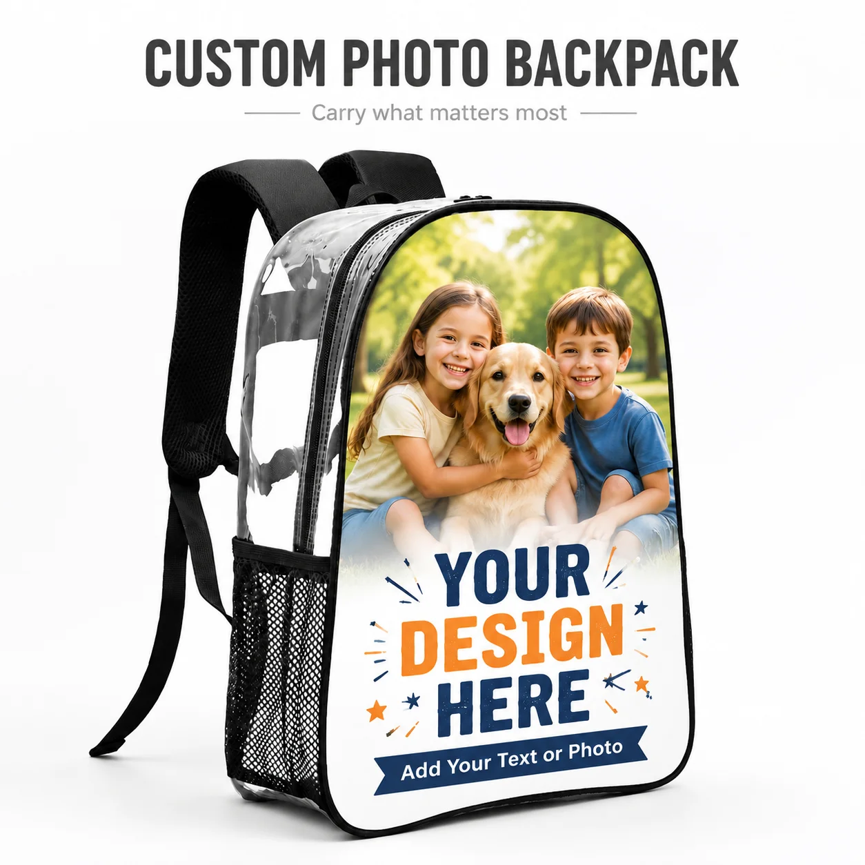 Clear PVC Custom Image Backpack DIY Print Stadium Concert Approved Breathable Strap Side Mesh School Bag