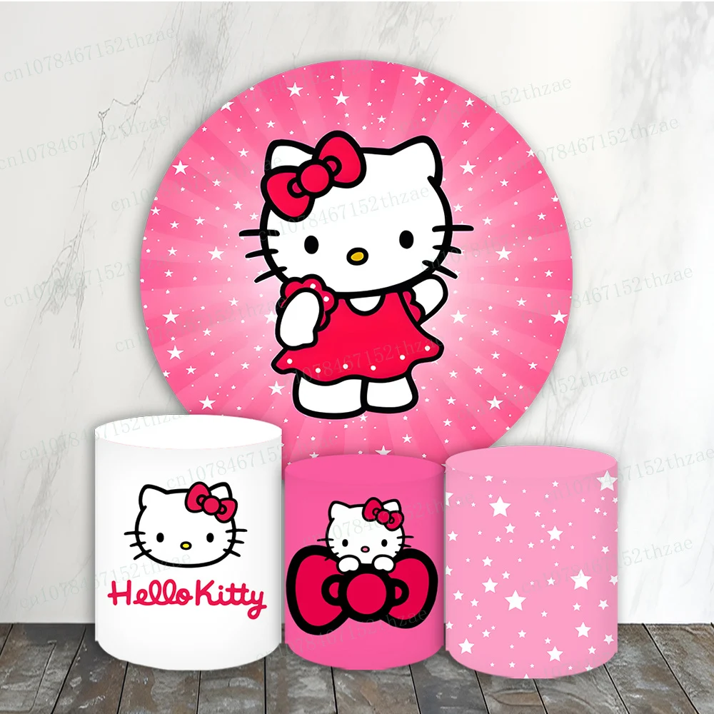 

Hello Kitty Birthday Party Photo Backdrop Baby Shower Photography Backdrop Round&Cylinders Plinth Covers Cartoon Decoration