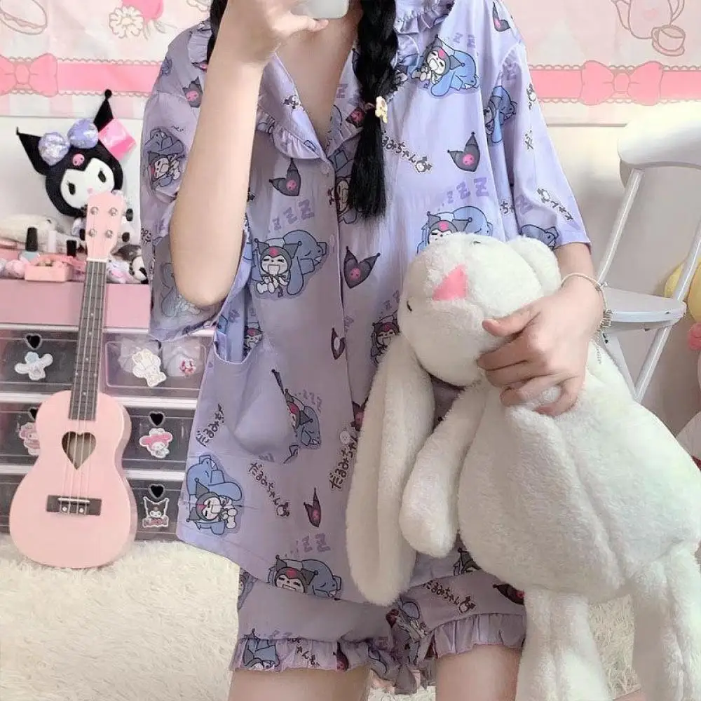 Sanrioed Cartoon Pajamas Suit Kuromi Hello Kitty Cotton Summer Homeclothes Anime Casual Short Sleeves Shorts Student Dormitory