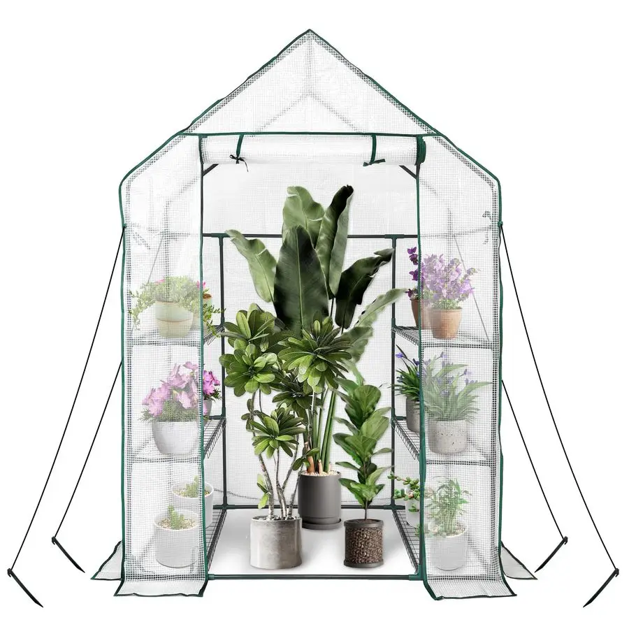 

Трехуровневая теплица с 6 полками и 2 дополнительными нижними полками, усиленная, для выращивания растений на открытом воздухе, из полиэтиленовой пленки.