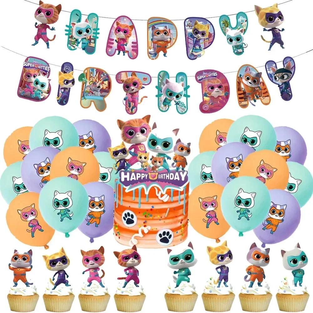 Cartoon Superkitties Geburtstagsparty-Dekorationen Niedliche Ballons Teller Banner Geschirrset für Babyparty-Geschenke Kindergeschenke – Detail 7