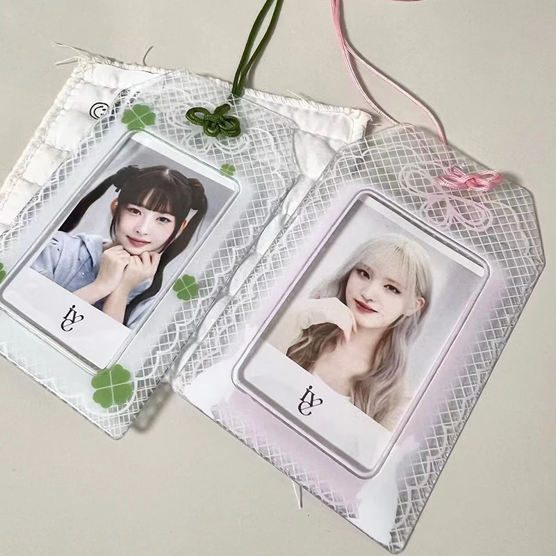 PVC Card Holder Pink Sakura Photo Frame Green Clover Photocard Sleeves Kpop Idol Card Clip Creative Gift