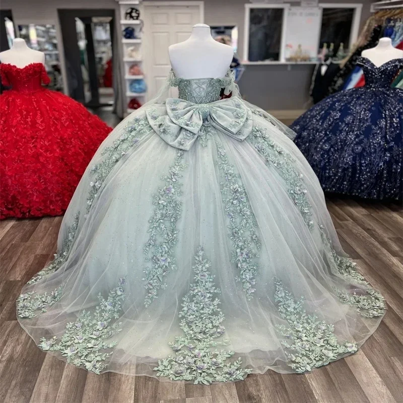 Kendny-Robe de Quinceanera de Princesse Vert Clair, Perles Florales 3D, Off Initiated, Robe de ThydrBall, Personnalisée, 15 Ans