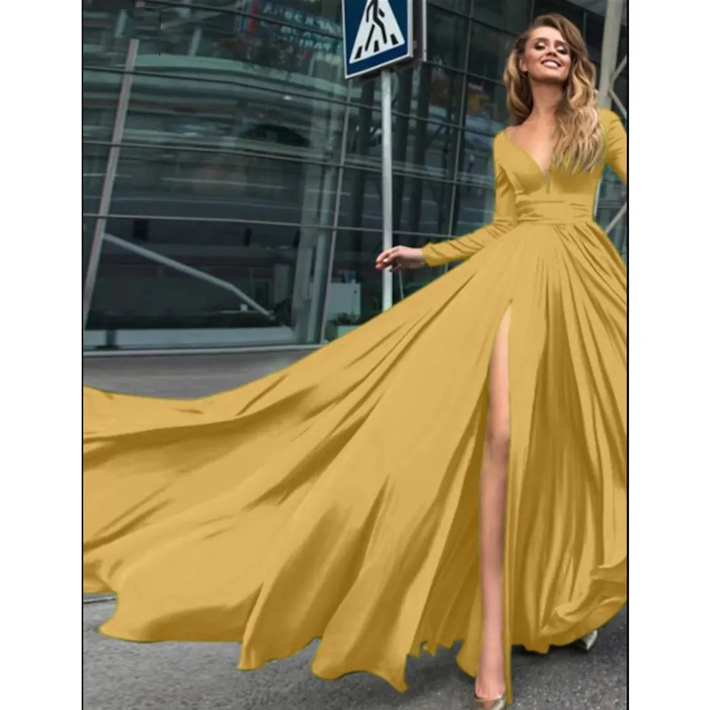 A-Line  Minimalist Sexy Holiday Prom Formal Evening Dress V Neck V Back Long Sleeve Floor Length Chiffon with Slit Pure