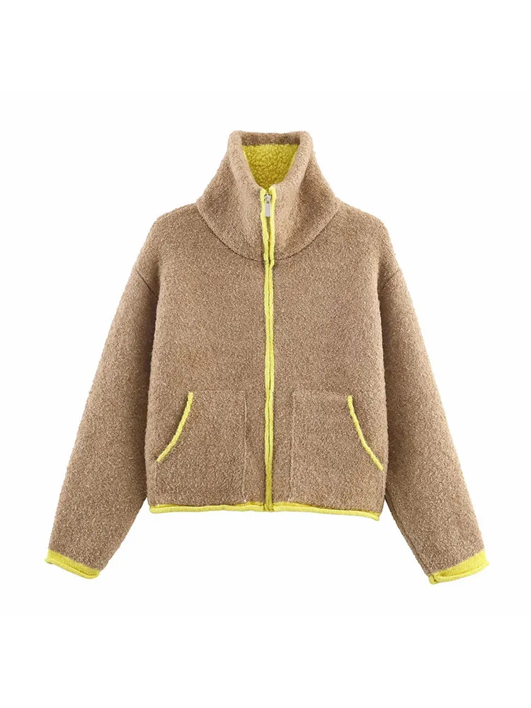 

Женская осенне-зимняя новая трикотажная флисовая куртка с цветными блоками, уличный стиль, женская модная верхняя одежда, элегантное пальто с воротником-стойкой