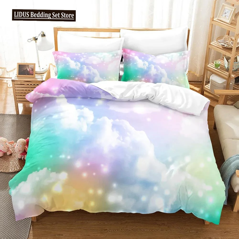 

Clouds Duvet Cover Set Iridescent Dream Cloud Bedding Set Women Kawaii Aesthetic Style King Size 2/3pcs Polyester Quilt Cover