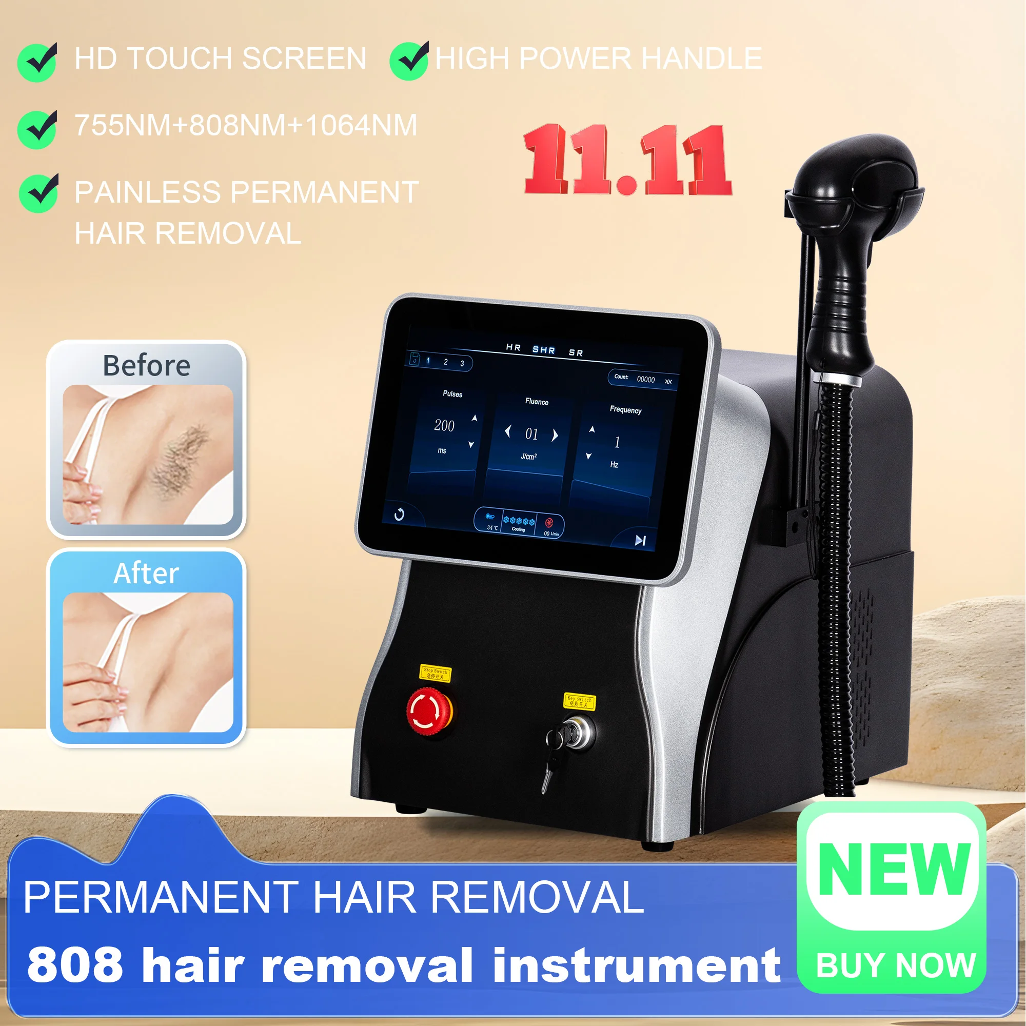 

3500W Power Ice Titanium Epilator Diode Laser Painless 3 Wavelength Permanent Hair Removal Machine Whole Body 755 808 1064nm
