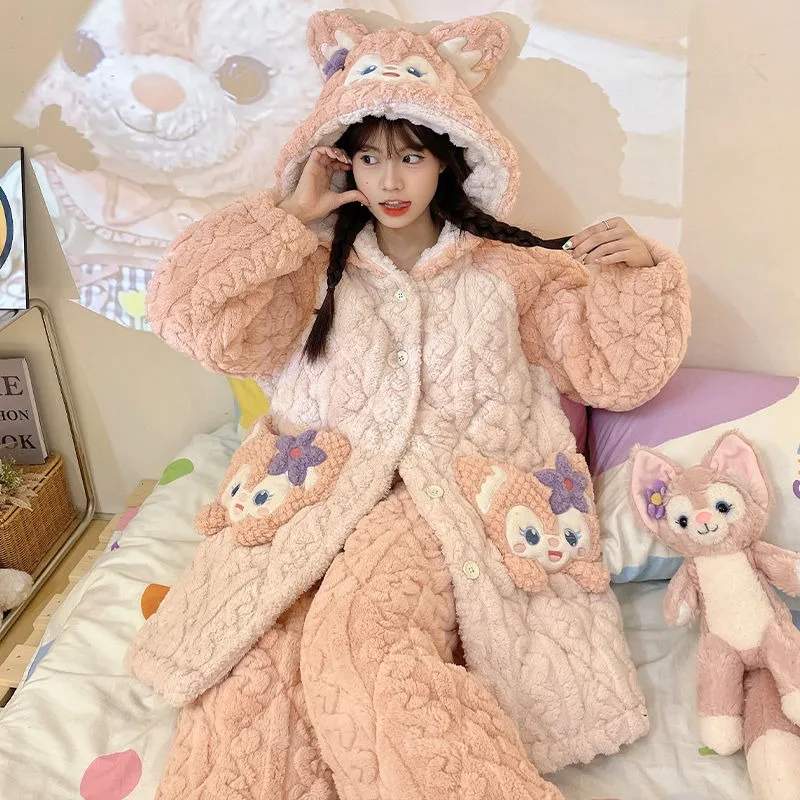 Nuovo cartone animato Kawaii Girl Heart LinaBell Series Pigiama Disney Cute Autunno e inverno Caldo addensato Casual Homewear Set all'ingrosso