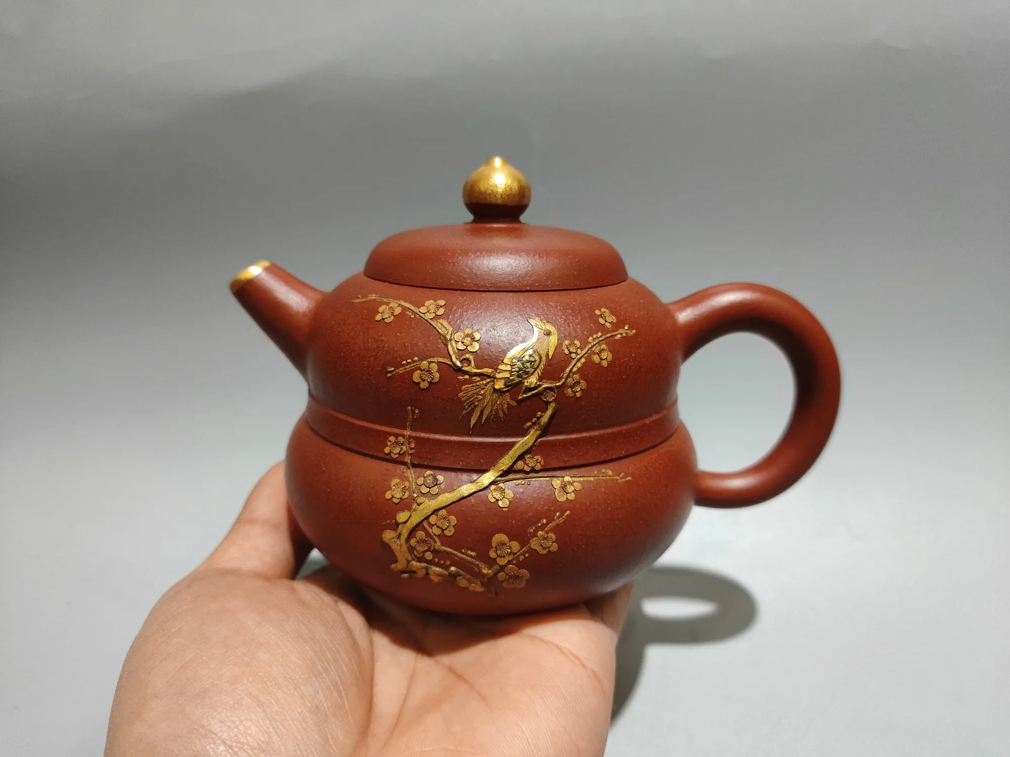 Purple Clay Pot Old Purple Mud Outline in gold Magpie Plum Blossom Pattern Gourd Pot Kettle Teapot Pot Tea Tasting Tea Ceremony