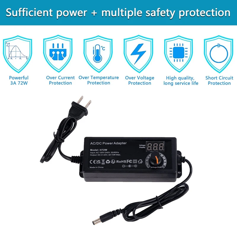 72W Ac to Dc Adjustable Power Supply 3V 5V 6V 9V 12V 15V 18V 24V 3A Variable Universal Switching AC/DC Adapter with LED Screen