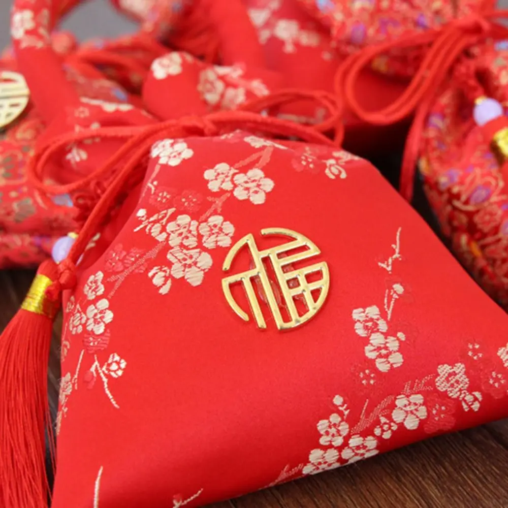 Bolso rojo creativo con borlas para novia y novio, bolsa con asa de boda, paquete de regalo para recuerdo de boda, bolsa de dulces