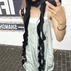 Y2k Girls Ruffle Edge knitted Long Scarf Harajuku Solid Color Skinny Thin Scarf Woman Decorative Scarf Women Tassel Narrow scarf