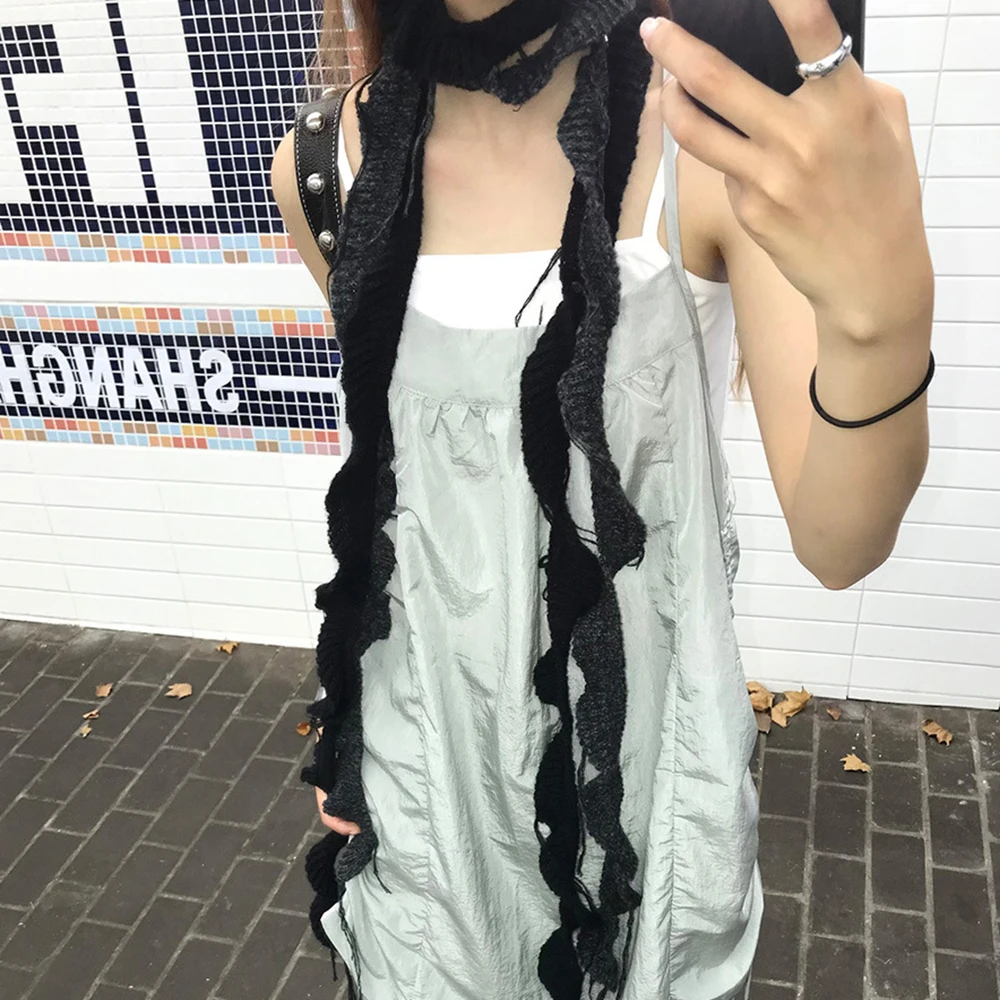 Y2k Girls Ruffle Edge dzianinowy długi szalik Harajuku Solid Color Skinny Thin Scarf Woman Dekoracyjny szalik damski Tassel Wąski szalik