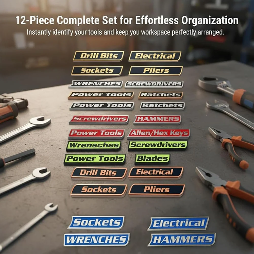 

Магнитные идентификационные этикетки для ящиков инструментов для мастерской, набор из 12 предметов, встречи всех потребностей маркировки. Хранение и организация в гараже