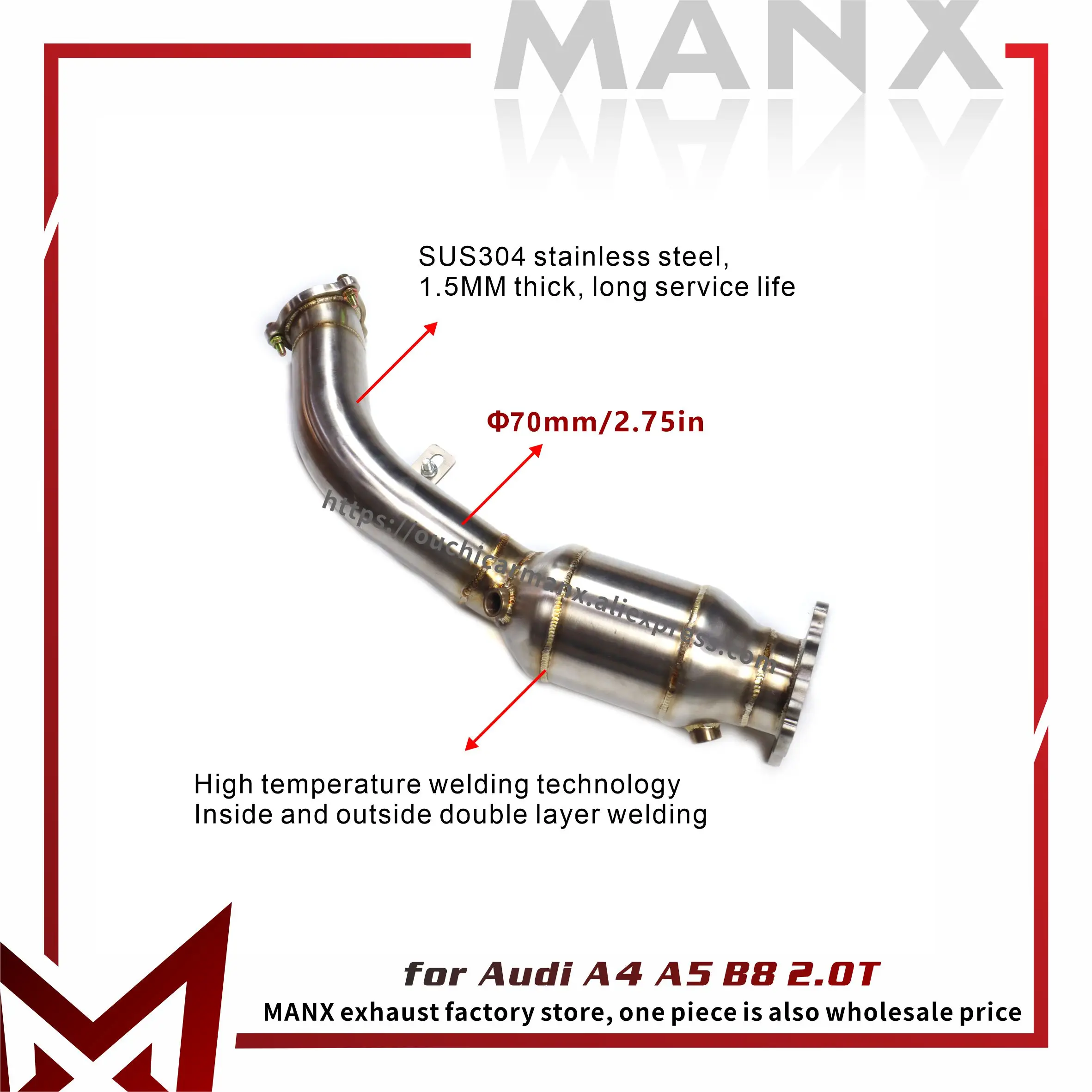 

Performance Downpipe SS304 for Audi A4 A5 B8 2.0T - 70mm Exhaust Pipe | Exact Fit, Aggressive Sound, Enhanced Flow