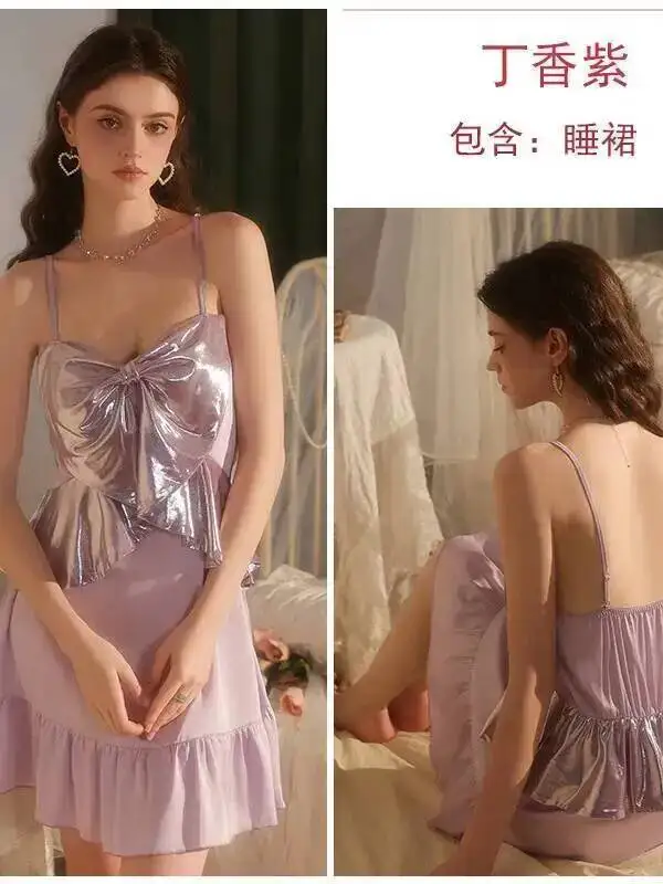 Camisón elegante de satén sedoso para mujer, escote en V profundo recogido con almohadillas para el pecho, vestido Sexy con lazo de Color sólido, puro deseo 3CK1