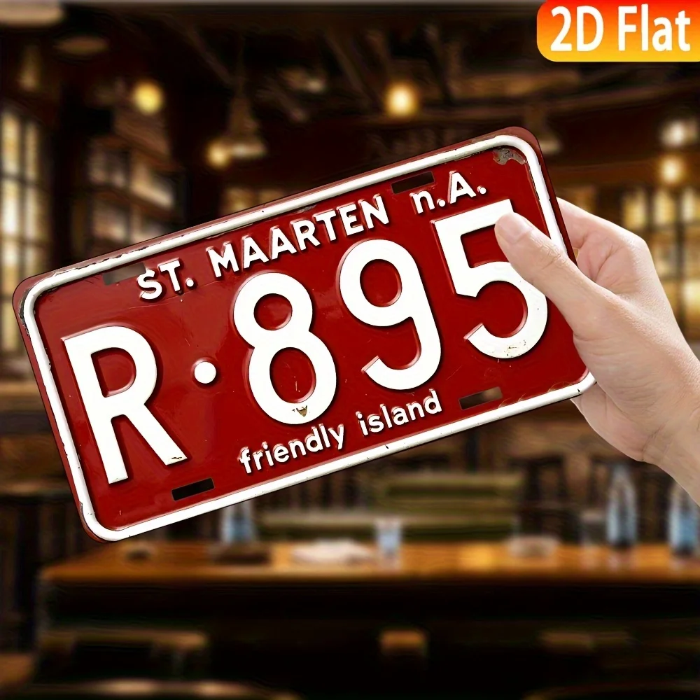 2D Flat Product, 1pc, Aluminum License Plate, Decorative Use Only, St. Martin R-895 Metal Sign Red and White Distressed Design,