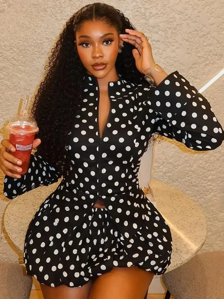 

Dot Print 2 Piece Sets Women Full Sleeve Zip-Up Jackets and Elastic Waist Ruffles Skirts Matching 2025 Y2K Streetwear