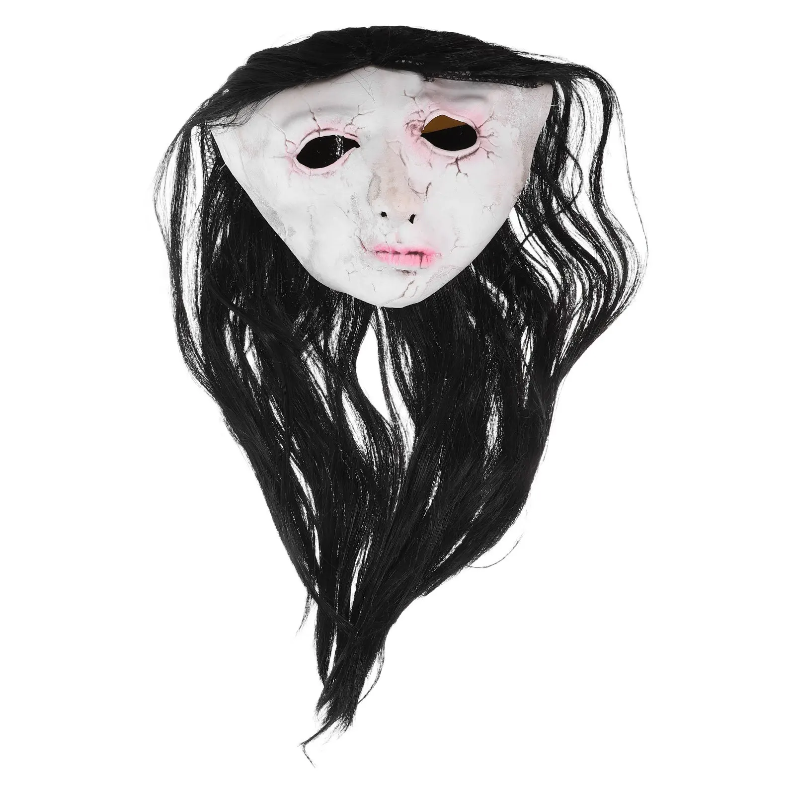 Long-Haired Female Ghost Latex Headpiece Realistic Horror Mask Halloween Scary Cosplay Costume Haunted Decoration