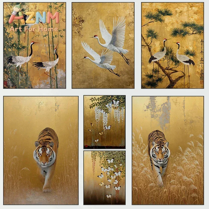 Ancient Style Crane Tiger Butterfly Gold Japandi Art Print Flying Birds Canvas Painting Abstract Art Decor Wall Art Bedroom G