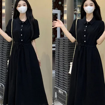 빈티지 Hombresque 쉬폰 드레스 여성 여름 유행 허리 장착 슬리밍 미니 블랙 드레스 여성 의류