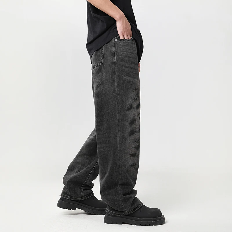 Black Gray Jeans Male Broken Hole Design Loose Trendy Retro Korean TypeinsStreet Fashion Wide-Leg Straight-Leg Trousers