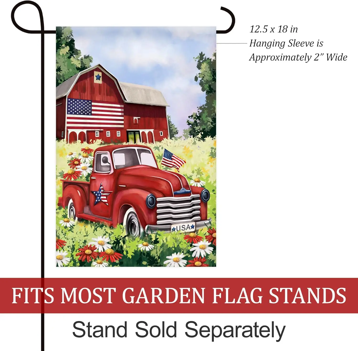 Texupday America Patriotic Red Truck Floral Daisy House Decoration Spring Summer Garden Flag USA Independence Day July 4th Outdo