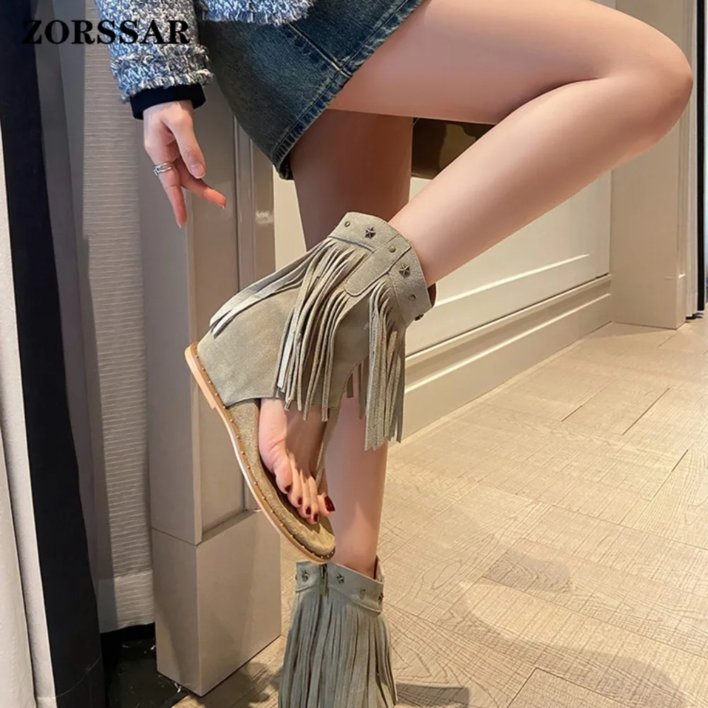 Women's Fringe Decor Studded Thong Toe Wedge Sandal Boots, Mid Calf Gladiator Platform Shoes, Casual Summer Footwear for Ladies - view 5