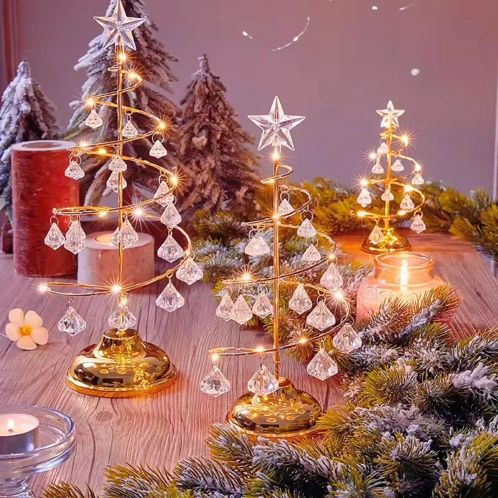 LED Christmas Tree Lamp Small Crystal Decorative Iron Tree Night Light Ornament for Gift