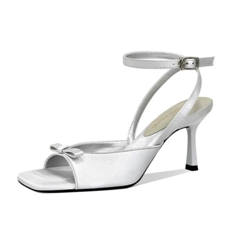 Women's Summer Sandals French Sandals with Skirt Temperament Bow Women's Shoes Silver High Heels Summer