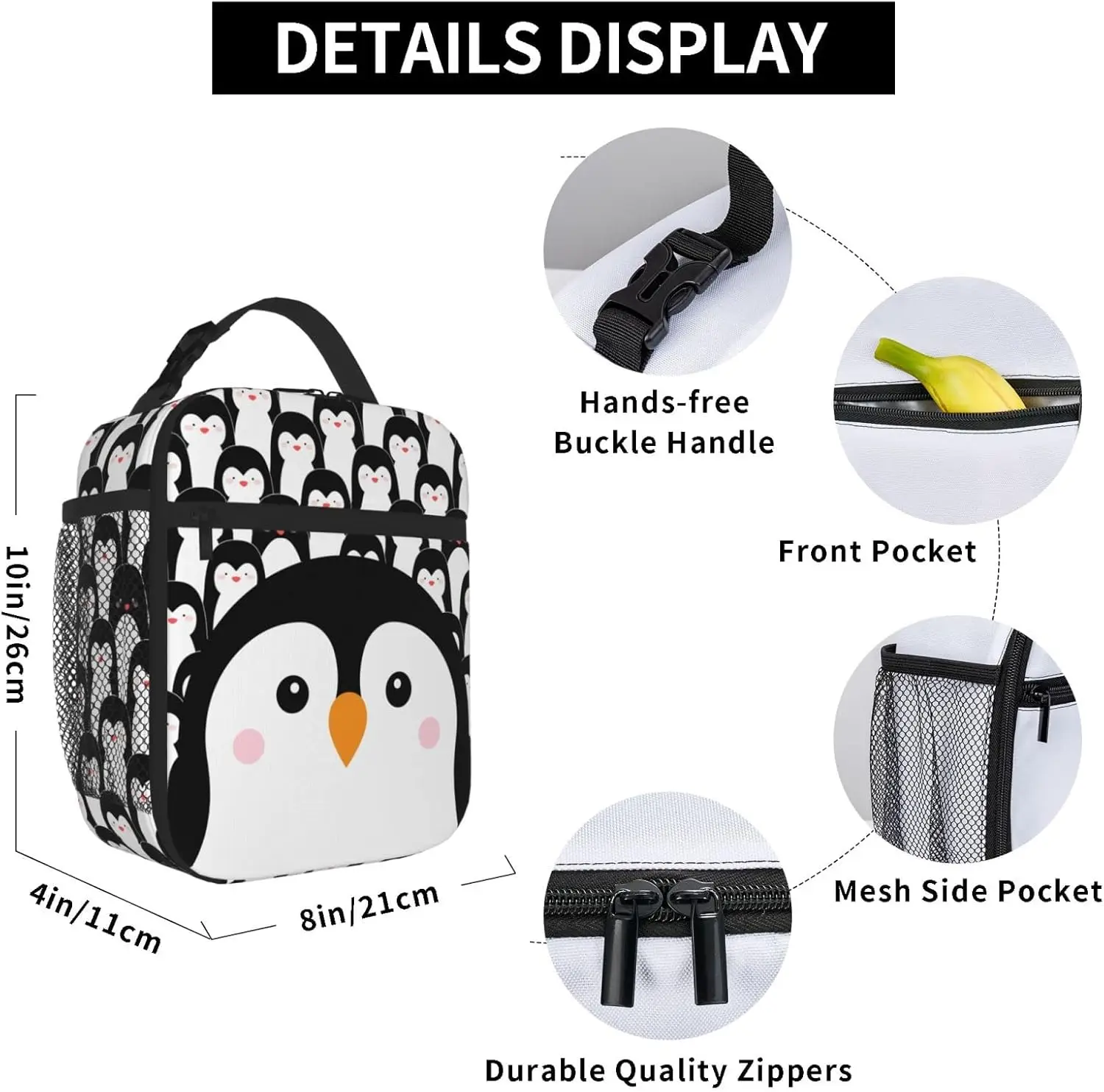 Funny Penguin Reusable Lunch Bag 8 X 4 X 10 Inches Cooler Bag Lunch Box Container with Adjustable for Picnic School Work