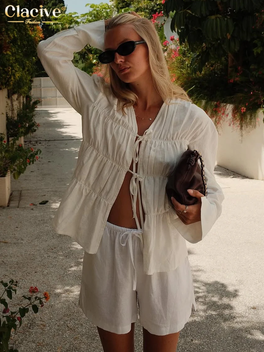 

Clacive Sexy Loose White Cotton Two Piece Outfits Woman Fashion Long Sleeve Shirt With High Waist Shorts Set Female Streetwear