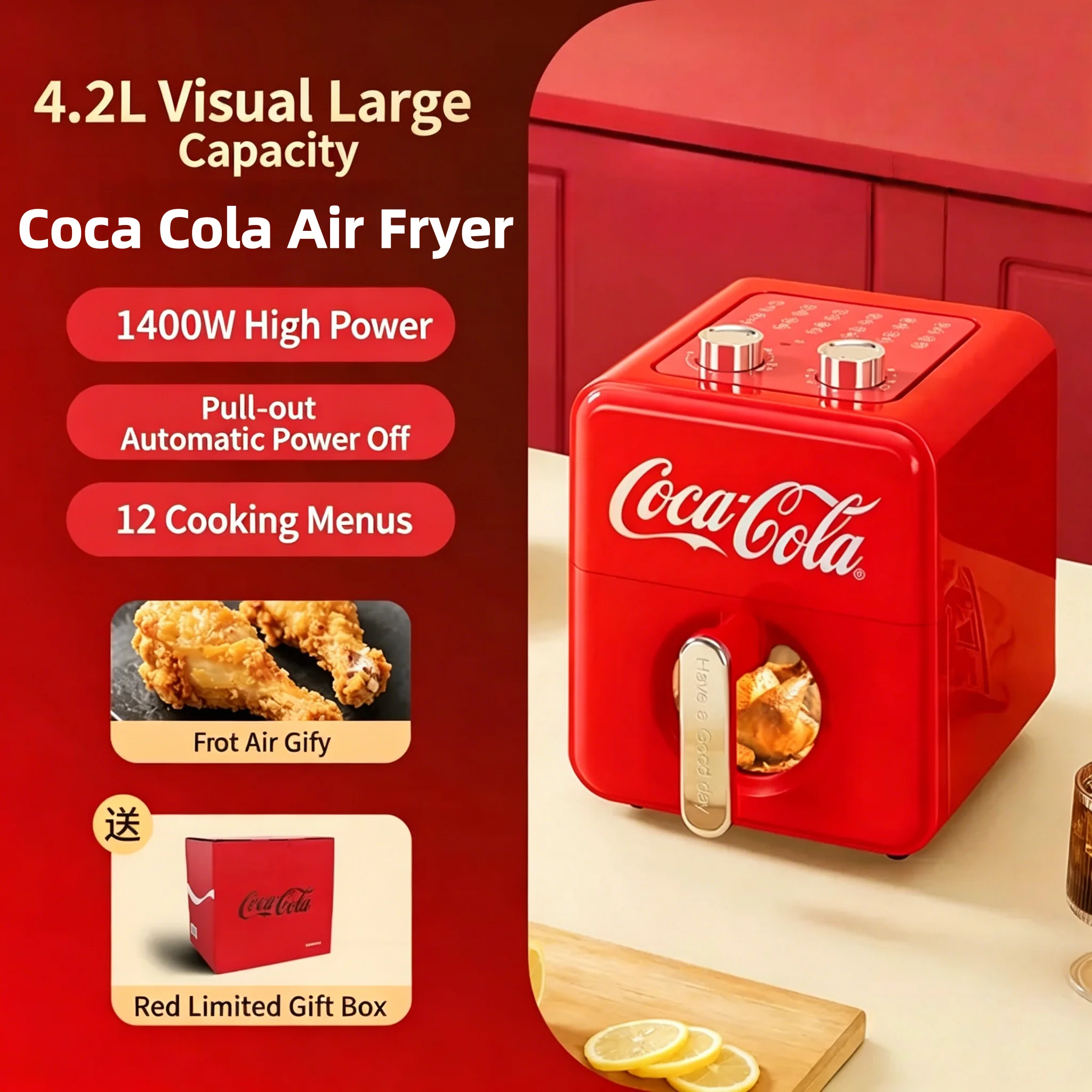 Fritadeiras Automáticas de Grande Capacidade Coca Cola 4.2L para Uso Doméstico 360 ° Forno de Convecção para Assar e Fritar, Fácil de Limpar, Fritadeira a Ar com Vidro