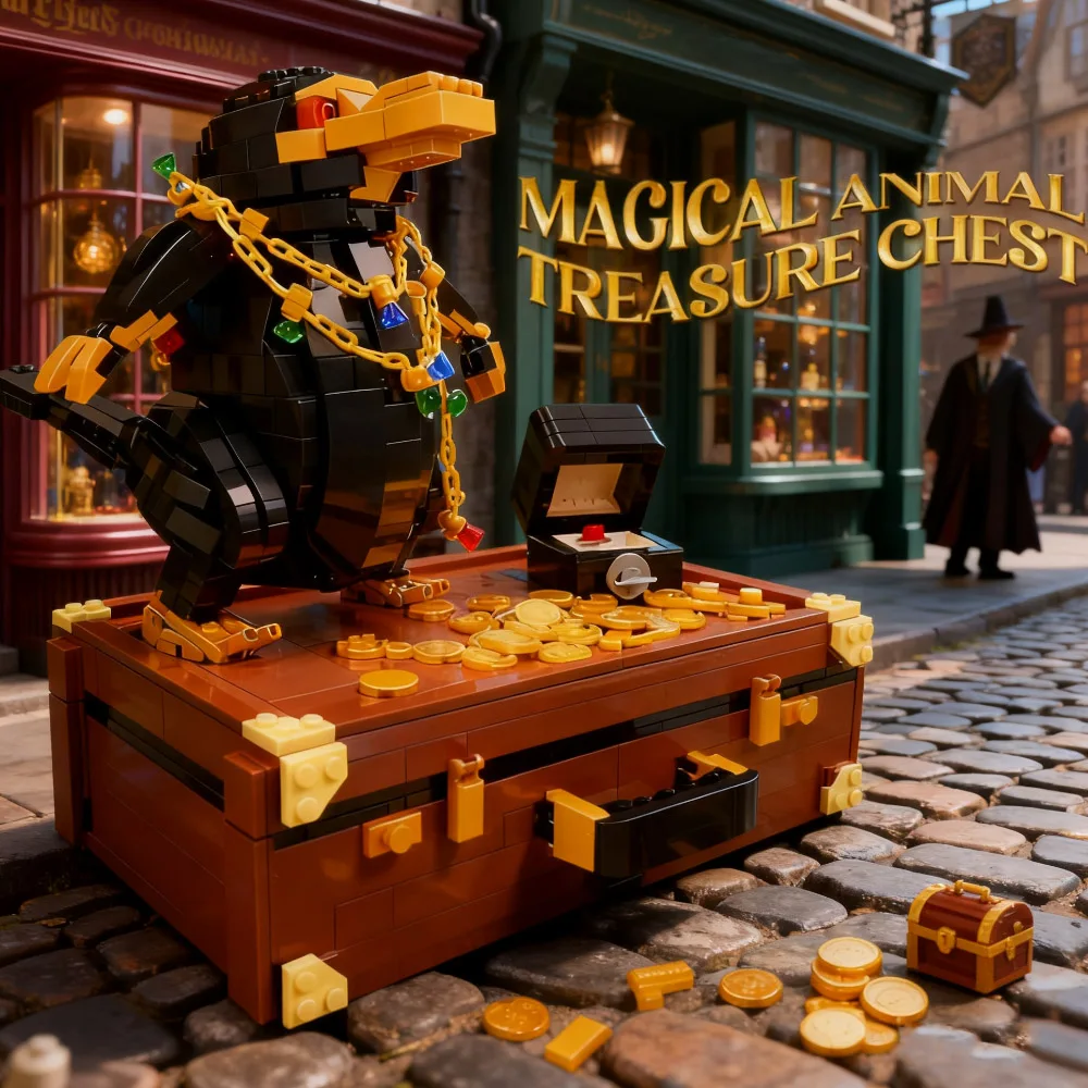 Image of MOC Niffler Bausteine Kompatibel mit Harry Potter: Fantastische Tierwesen Schatztruhe Goldmünzen-Modell Bausteine Magische Welt Sammler-Spielzeug Geschenk für Erwachsene Fans