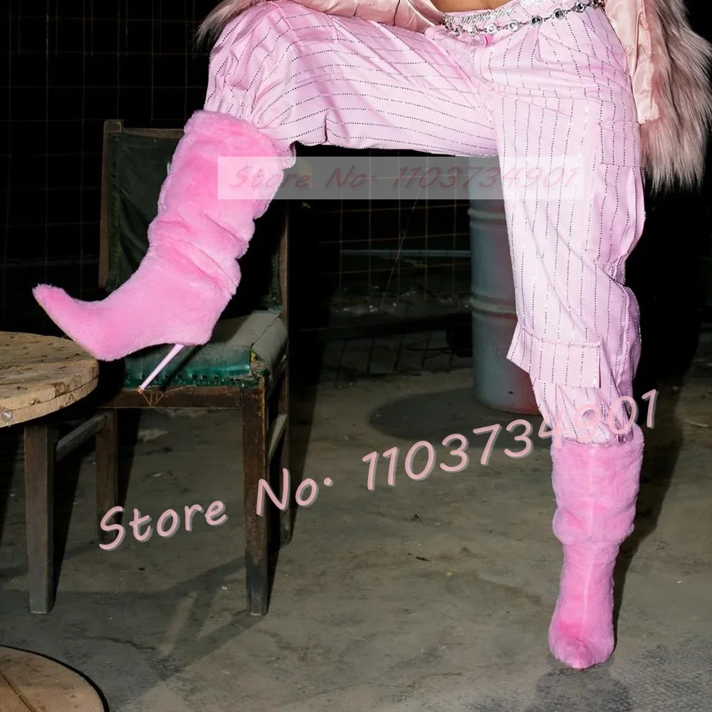 

Женские сапоги ниже колена, розовые меховые сапоги с острым носком, на высоком каблуке-шпильке, пушистая обувь, женские классические сапоги