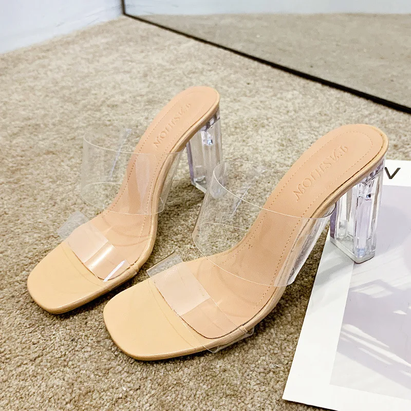 

Transparent Thick High Heels Women's Square Toe Sandals Summer Shoes Female Clear High Pumps Wedding Jelly Buty Damskie Slippers