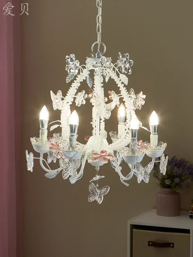 French romantic butterfly and flower crystal chandelier European retro white princess daughter room bedroom light  ثريات 펜던트조명